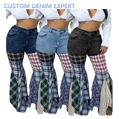 Patchwork Plaid Washed Blue Black Flared Denim Jeans Vintage Pantalon Jeans For Women Design Bootcut Jeans Pants