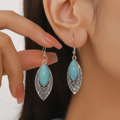 Vintage Bohemian Turquoise Drop Earrings Set with Blue Crystal Inlay Retro Pattern Statement Jewelry
