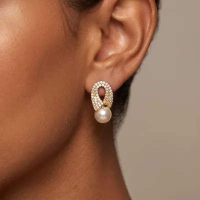 Luxury Brass 18K Gold Plated Micro Pave CZ Oval Loop Faux Pearl Drop Stud Earrings Elegant Women Wedding Banquet Jewelry Gift