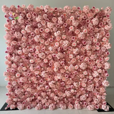 H0706 Wedding Hotel Decor Blush Pink Faux Flower Wall 3D Fabric Cloth Hot Pink Artificial Silk Rose Flower Wall Backdrop Panel