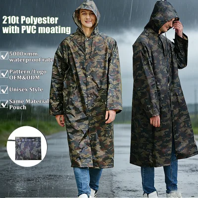 Customized Camouflage Green Durable Polyester Safe Reflective Climbing Adult Men Long Rain Coat Waterproof with Portable Pouch