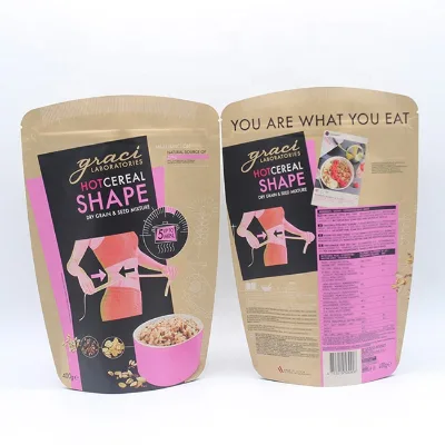 Natural Kraft Composite Foil Resealable Stand up Bag, Dry Fruit Snack Storage Packaging Pouch Custom Pattern & Size Available