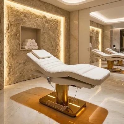 Luxury Electric Treatment Bed White Channel Stitched Leather Gold Base Adjustable Spa Facial Bed Wholesale OEM