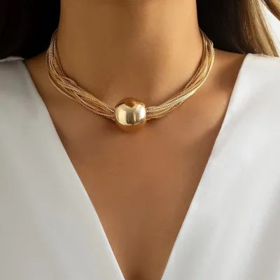 Multi Layer Snake Chain Choker Necklace With Big Smooth Bead Pendant Vintage Gold Collar Neck Jewelry for Women Daily Wear