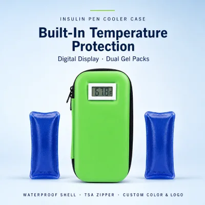 Digital Display Insulin Pen Cooler Case EVA Hard Shell Diabetic Travel Case Dual Gel Ice Packs Waterproof TSA Zipper