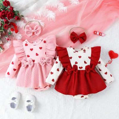 Wholesale Baby Princess Dress Sleeveless Bow Front Heart Print Infant Romper with Headband Cute