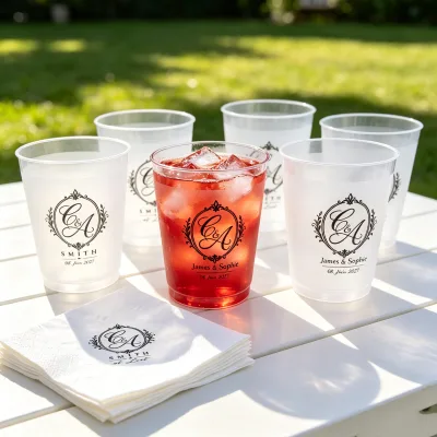 Eco New Arrival Custom Disposable Frost Flex Cup 10oz/12oz/16oz Pp Plastic Cups With Custom Logo for Camping Black Napkin Drink
