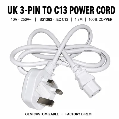 UK to C13 Power Cord 1.8m OEM ODM Custom Logo Low MOQ Wholesale BS1363 for Appliance Manufacturer