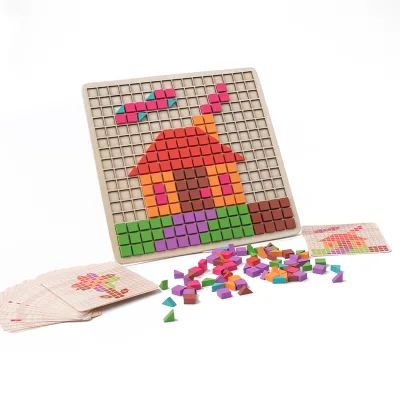 Wholesale Wooden Mosaic 3D Puzzle Educational Toy Creative DIY Color Shape Matching Pixel Puzzles for Kids