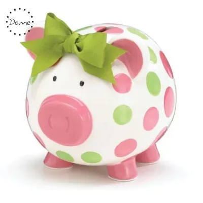 Hot Sale Ceramic Pig Shape Girls pink & Green Dot Piggy Bank