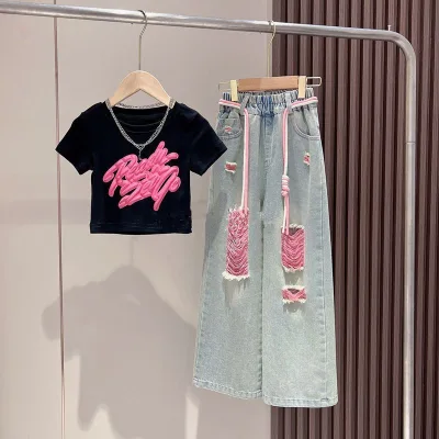 Autumn New Girls' Casual Solid Three-Dimensional Spray-Painted Graffiti Denim Pants Set Short-Sleeved Colorful Ripped Design
