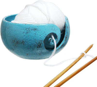 Rustic Handcrafted Ceramic Knitting Yarn Bowl Holder with Elegant Swirl Design, Turquoise