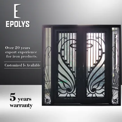 Luxury Modern Dancing Butterfly Pattern Wrought Iron Anti-Theft Double Front Door Heavy Duty Exterior Villa Entry Door 5 Year
