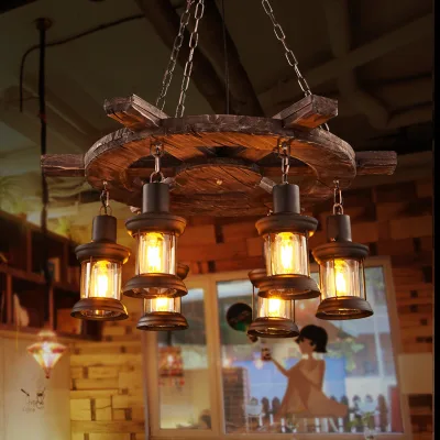 American Country Retro Chandelier Industrial Design Hanging Lamp for Coffee Restaurants and Bars Creative Wooden Light
