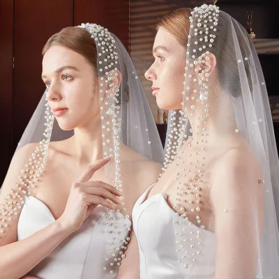 Bridella Ivory Pearl Mesh Wedding Veil Long Luxury Beaded Tulle Lace Appliques Comb for Church Prom & Formal Events