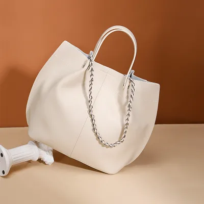 White Women's Casual Tote Genuine Leather Large Capacity Bucket Bag