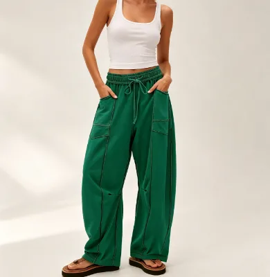 Women's High Waist Corduroy Wide Leg Pants Patch Pocket Elastic Waist Casual Drawstring Pleated Front 100% Cotton Anti-Wrinkle