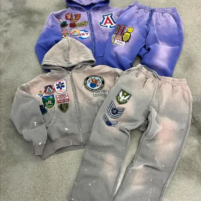 OEM Custom Acid Wash Sweat Suits Distressed Zip up Embroidery Sun Faded Oversized Tracksuits Hoodies and Sweatpants Sets
