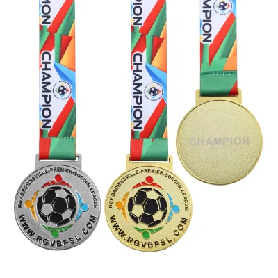 Personalized Competition Professional Custom Zinc Alloy Die Casting Design Soccer Sports Metal Medal with Ribbons