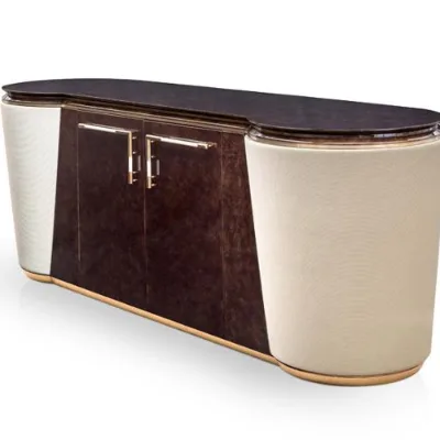 Luxury Modern Sideboard Curved White Woven Side Panels and Symmetrical Dark Cabinet Doors, High-End Storage Unit Gold Handles