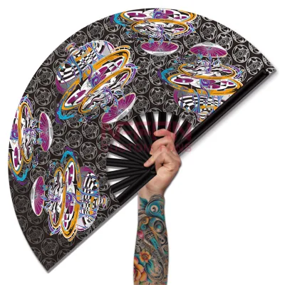 Custom Printed Folding UV Reactive Hand Fans with Clack Feature for EDM and Dance Rave Music Festivals Wholesale