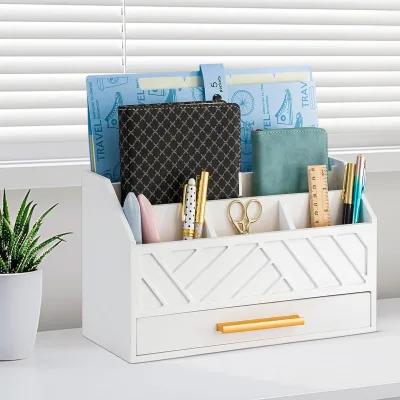 Solid Wood Modern Space-Saving Desktop Organizer with Geometric Design Drawer and Pencil Holder for School and Home Office Decor