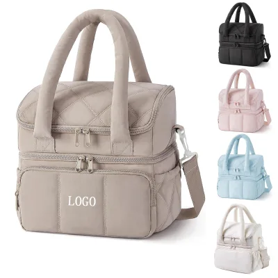 Custom Double Layer Puffer Insulation Lunch Bag Nylon Taslon Korean Style Ladies Quilted Puffer Lunch Bag for Work Commuters