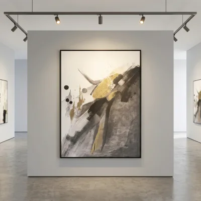 Grey Gold Foil Brush Stroke Modern Minimalist Entryway Hotel Interior Decor Framed Abstract Canvas Wall Art