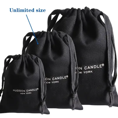 High Quality Reusable Eco-Friendly Medium Black Cotton Canvas Dust Bag White Printed Logo Shoe Hats Packaging Storage Drawstring