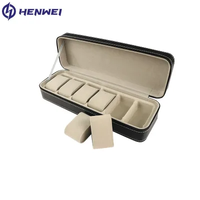 Wholesale High Quality 6-Slot Storage Leather Watch Box Black Leather Watch Case Water-proof Embossed Logo Customizable Henwei