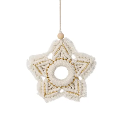 Boho Hand Woven Macrame Pentacle Christmas Snowflake Star Pendant Hanging Xmas Gift Christmas Tree Decor Key Chain for Girls Bag