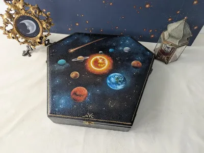 Solar System Themed Jewelry Bracelet Box Hand Painted with Acrylics Antique Leather Ring Jewelry Box Custom Earring Box Package