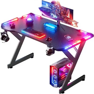 HLDIRECT 40-Inch Steel Gaming Desk Carbon Fiber Surface Adjustable RGB LED Lighting 220 lb Capacity Cup Holder Headphone Hook