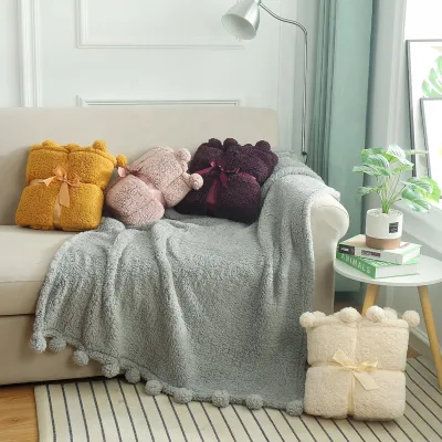 FY Home Textile Custom Soft Polyester Fleece Pompom Blanket Warm Flannel Knitted Throw Blanket Solid Striped for Airplane