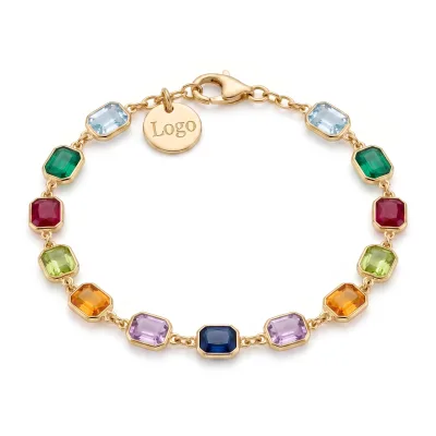 Custom Initial 18K Gold Rainbow CZ Crystal Bezel Tennis Bracelet Rectangle Stone Personalized Women Bracelet Jewelry