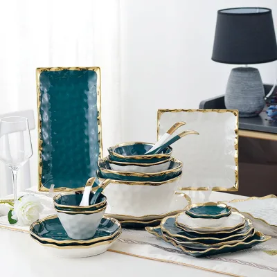 Wholesale Nordic Style Green or White Porcelain Tableware With Big Gold Rim