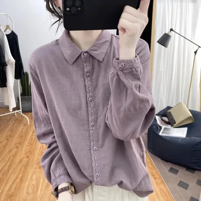 Spring and summer new shirt women lace splicing cotton long-sleeved loose age-reducing blouse retro undershirt shirt