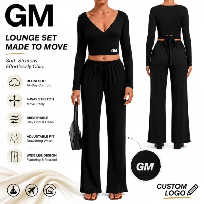 GM New Wholesale Women Lounge Set V Neck Long Sleeve Crop Top Drawstring Wide Leg Pants Soft Stretch Casual 2 Pcs Set