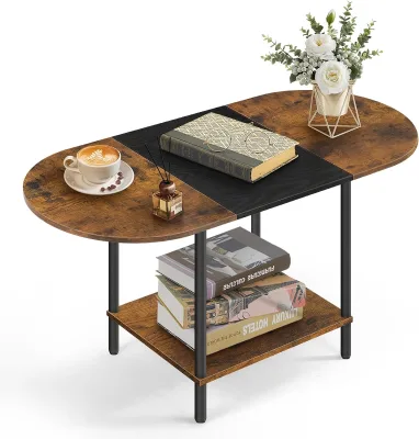 Modern 2-Tier Narrow Cocktail Tea Table with Rustic Mid Century Oval Wood Top for Small Spaces Storage Holder Rack Included