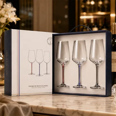 3 Piece Crystal Wine Glass Set 560ml Large Red Wine Goblet with Red Blue Clear Stems Luxury Presentation Gift for Couples