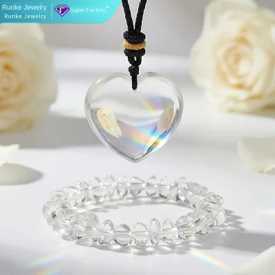 Natural White Clear Quartz Chip Bead Bracelet Heart Pendant Set Crystal Strand Jewelry Gift Box Packaging Valentine's Day
