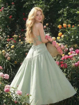 Vintage Women's Strapless A-Line Long Tube Top Dress High Waist Solid Color