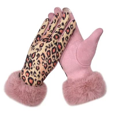 Fashion Warm Fur Cuff Leopard Printed Gloves Cheap Outdoor Velvet Touch Screen Winter Glove for Ladies