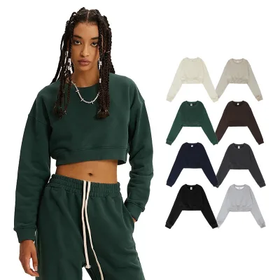 Custom Crop Hoodies Wholesale Crop Top 100%Cotton Hoodies Woman Printed Plain Cotton Crewneck  Hoodie Women