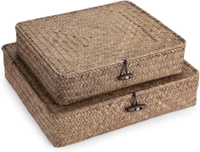 Set 2 Flat Woven Wicker Storage Bins Lid Natural Seagrass Basket Multipurpose Home Boxes Shelf Organizer Storage Container