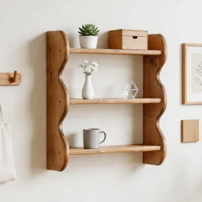 Rustic Three-Tier Solid Wood Wall Shelf Multifunctional Decorative Design Wall Mounted for Apartments Kitchens Bedrooms