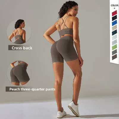 European and American sports bra and yoga pants set with crisscross back for running and fitness shorts two-piece set