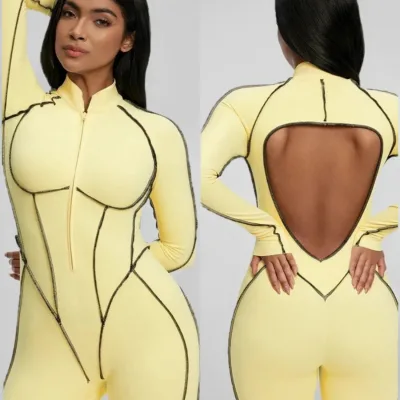 Women Stand Collar Half-Zip Sexy Hollow Back One Piece Fitness Yoga Bodysuit with Contrast Stiches Lines