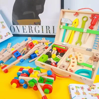 Wooden Toolbox Diy Construction Tool Wooden Tool Box Kids Early Education Toys for Assembly Disassembly Toy