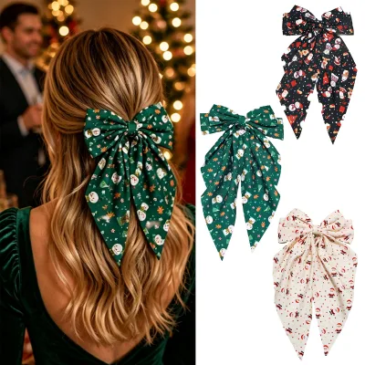 Customized Printing Christmas Bow Ribbon Fabric Santa Claus Design Spring Clip Women Girls Vintage Party Large Bow Hair Clips